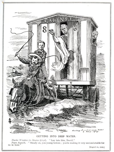 Prime Minister Asquith Restrains Lloyd George and Winston Churchill from Causing Alarm with Their Fiery Speeches in Support of Helping the Unemployed and the Introduction of a Minimum Wage, 1909 by Edward Linley Sambourne